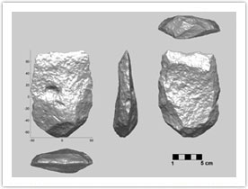 3-D model of basalt cleaver from GBY Layer II-6 Level 2. Scanned by Leore Grosman, Computerized Archaeology Laboratory, The Hebrew University.
